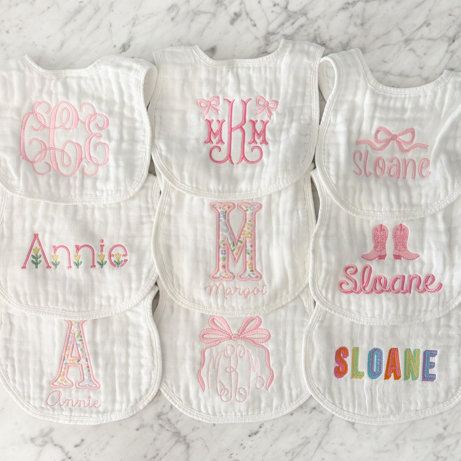 Custom Embroidered Baby Girl Muslin Bibs and Burp Cloths, Monogrammed Newborn Gift, Pink Bows and Floral Designs