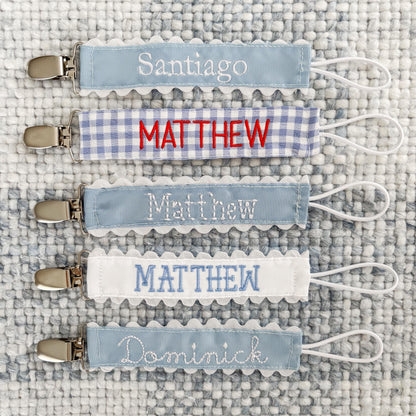 Custom Embroidered Pacifier Clip, Personalized Name or Monogram, Newborn Baby Boy Baby Shower Gift