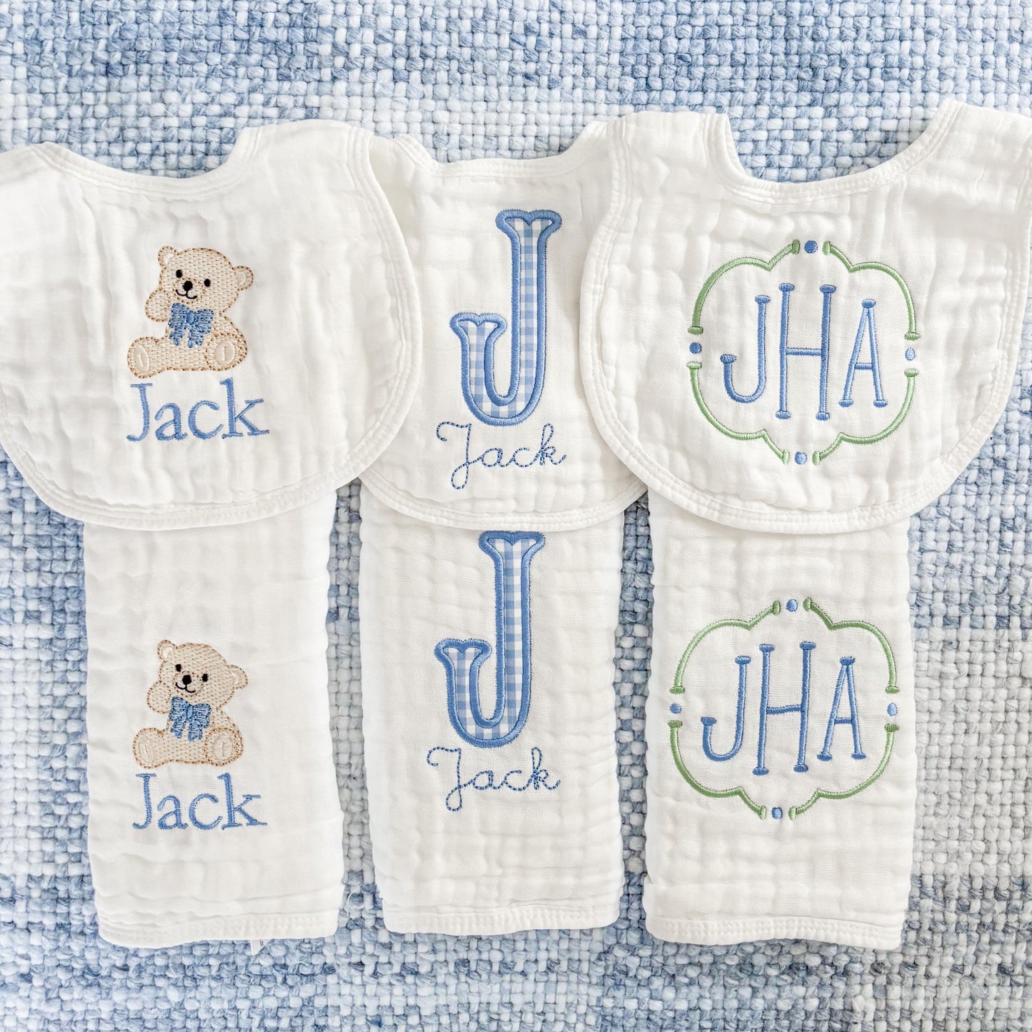 Baby Boy Custom Embroidered and Appliqué Muslin Bibs and Burp Cloths, Personalized Monogram Newborn Baby Shower Gift