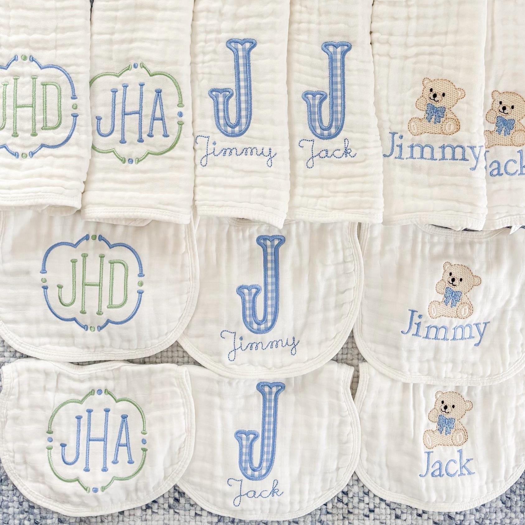 Baby Boy Custom Embroidered and Appliqué Muslin Bibs and Burp Cloths, Personalized Monogram Newborn Baby Shower Gift