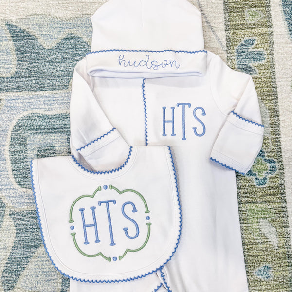 Newborn Boy Coming Home Outfit, Custom Embroidered Monogram Sleeper, Hat & Bib With Blue Picot Trim, Personalized Baby Boy Gift