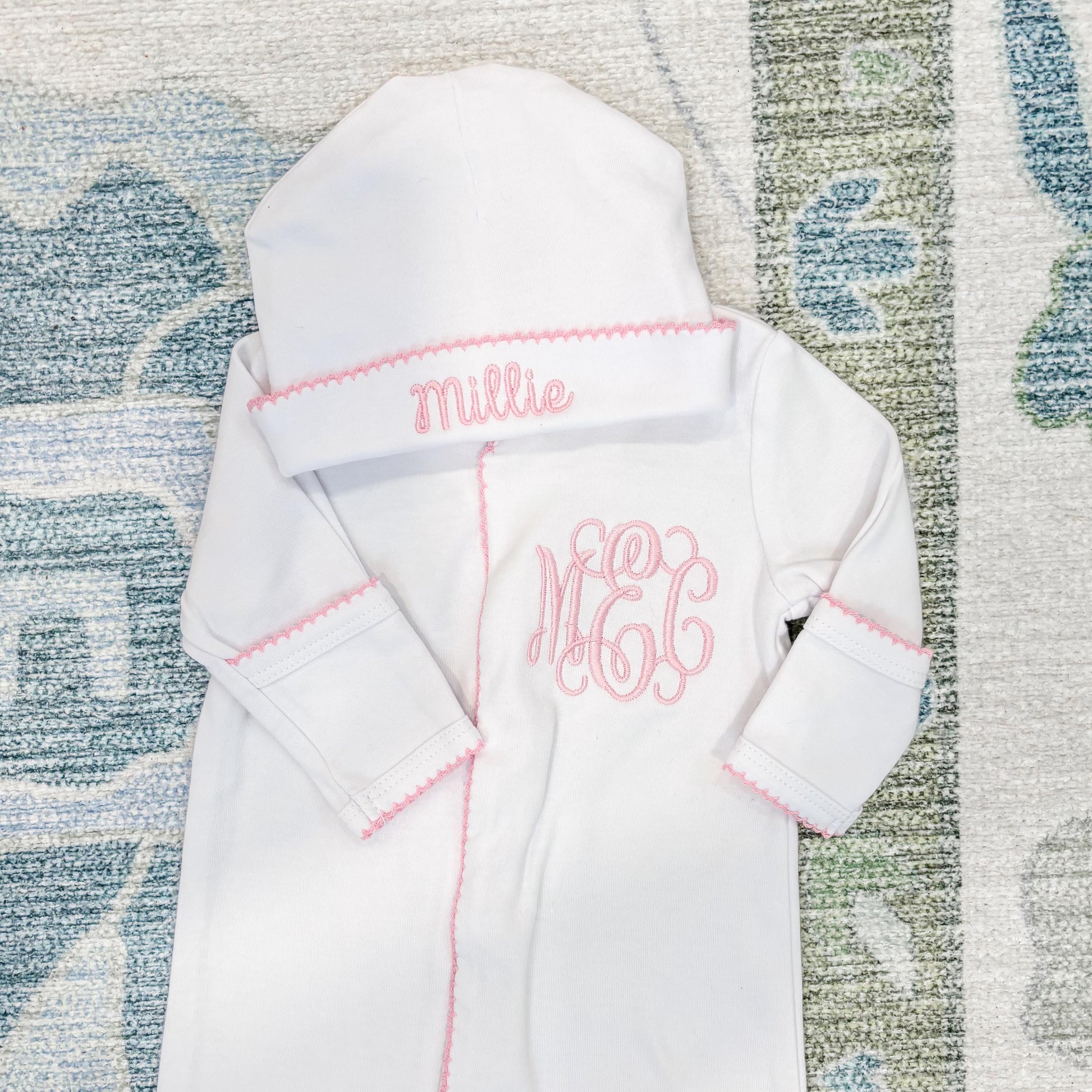Newborn Girl Coming Home Outfit, Custom Embroidered Classic Vine Monogram Sleeper, Hat & Bib, Pink Picot Trim, Baby Girl Gift