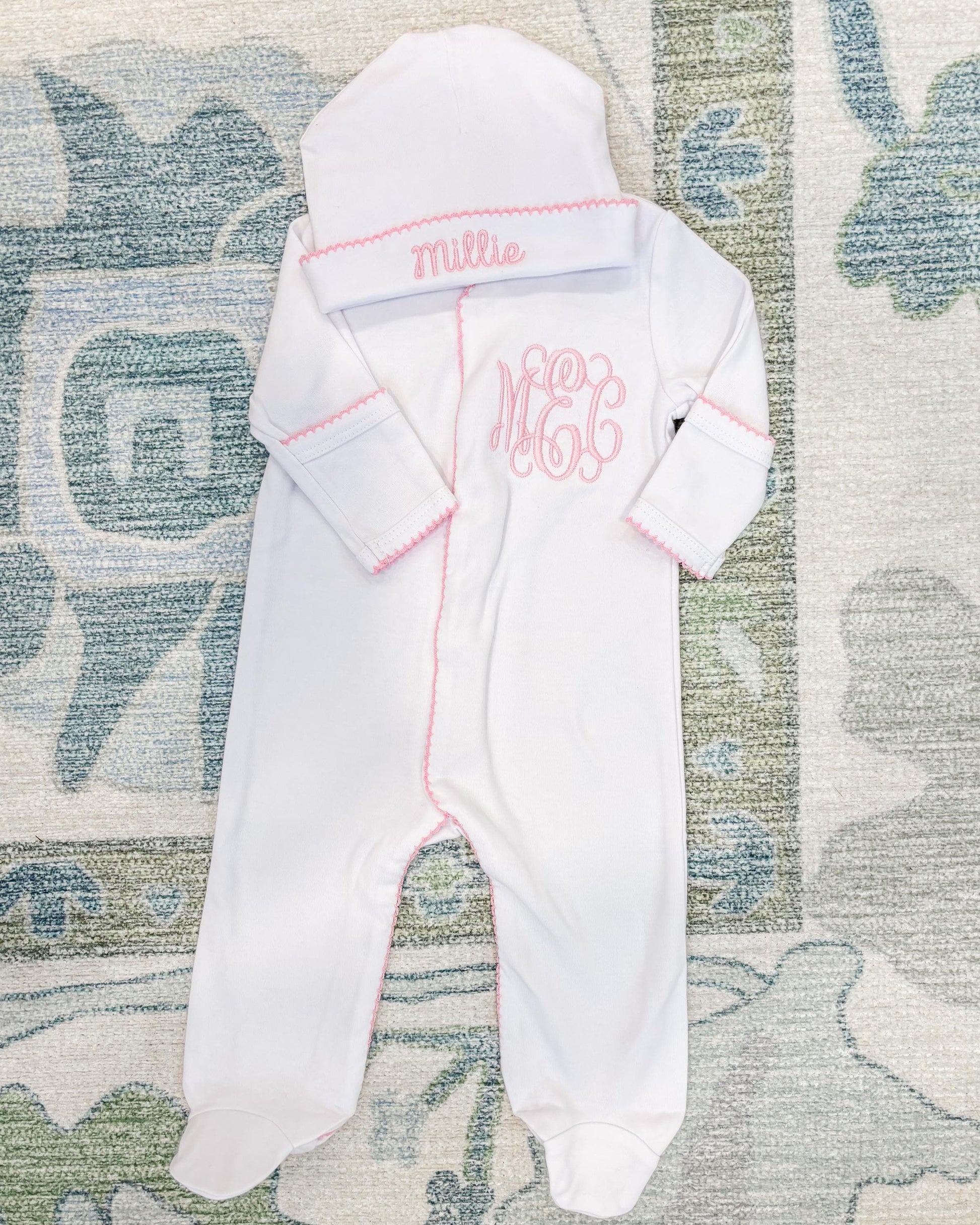 Newborn Girl Coming Home Outfit, Custom Embroidered Classic Vine Monogram Sleeper, Hat & Bib, Pink Picot Trim, Baby Girl Gift