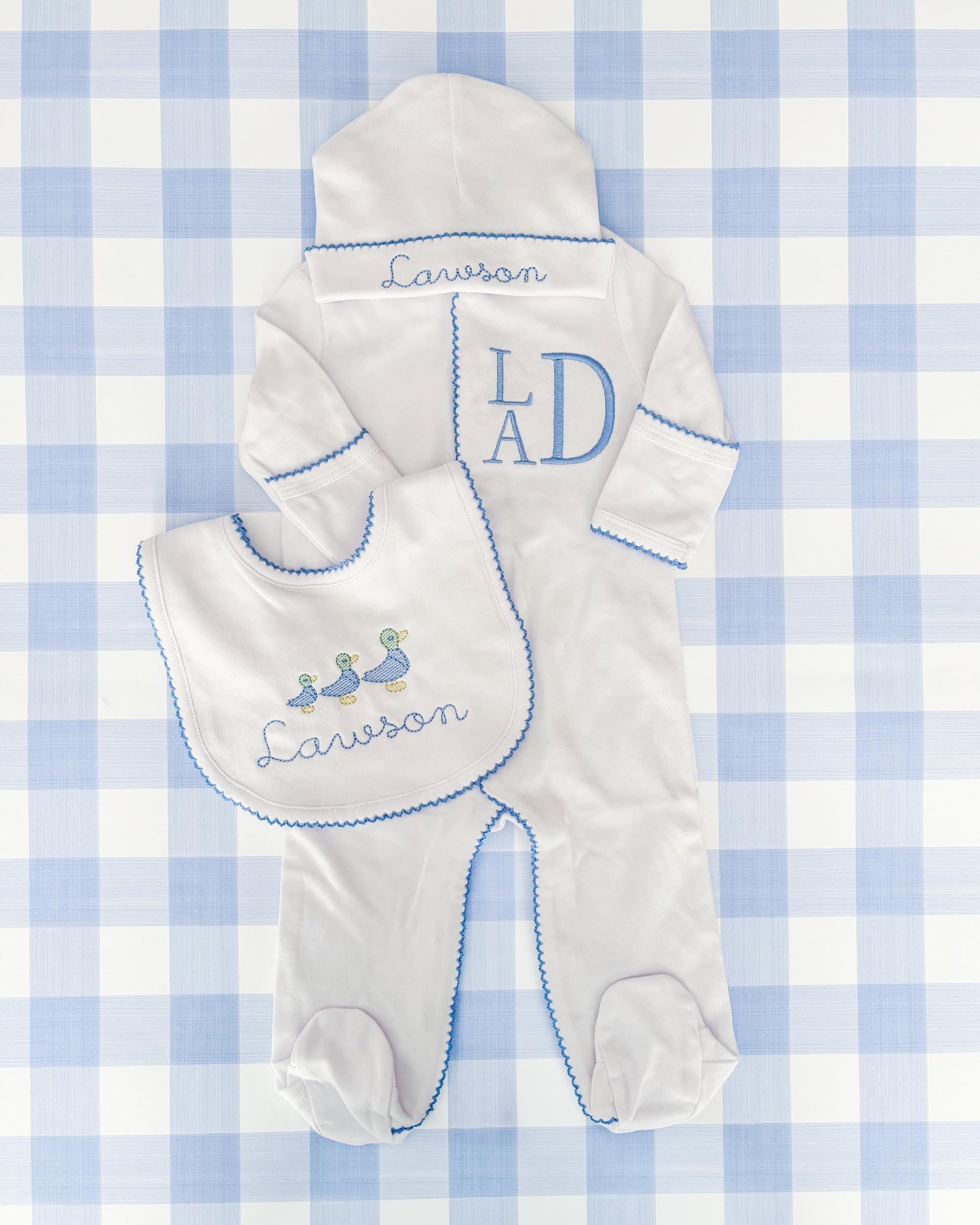 Newborn Boy Coming Home Outfit, Custom Embroidered Monogram Sleeper, Hat & Duck Bib with Blue Picot Trim, Personalized Baby Boy Gift