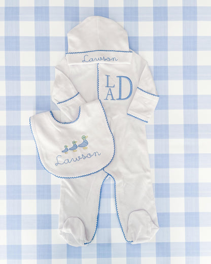 Newborn Boy Coming Home Outfit, Custom Embroidered Monogram Sleeper, Hat & Duck Bib with Blue Picot Trim, Personalized Baby Boy Gift