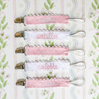 Custom Embroidered Pink Pacifier Clip, Personalized Name Baby Girl Baby Shower Gift