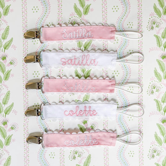 Custom Embroidered Pink Pacifier Clip, Personalized Name Baby Girl Baby Shower Gift