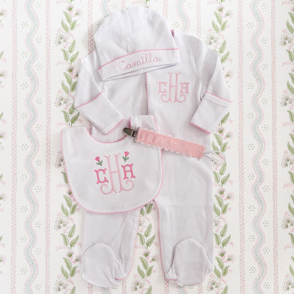 Newborn Girl Coming Home Outfit, Custom Embroidered Monogram with Flowers Sleeper, Hat & Bib, Pink Picot Trim, Baby Girl Gift