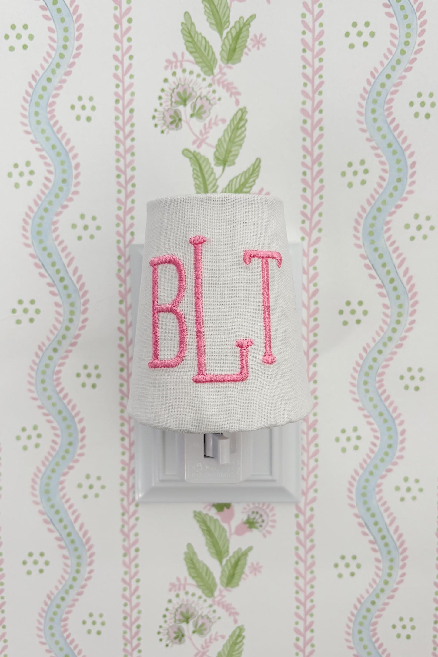 Custom Embroidered Pink Monogram Night Light: Personalized Nursery Decor, Kids Room