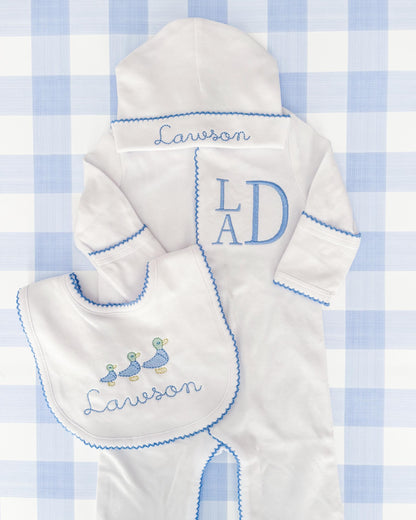 Newborn Boy Coming Home Outfit, Custom Embroidered Monogram Sleeper, Hat & Duck Bib with Blue Picot Trim, Personalized Baby Boy Gift