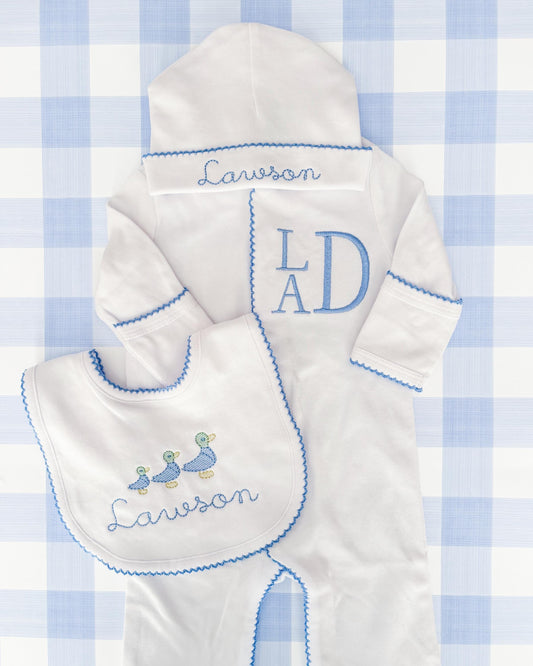 Newborn Boy Coming Home Outfit, Custom Embroidered Monogram Sleeper, Hat & Duck Bib with Blue Picot Trim, Personalized Baby Boy Gift