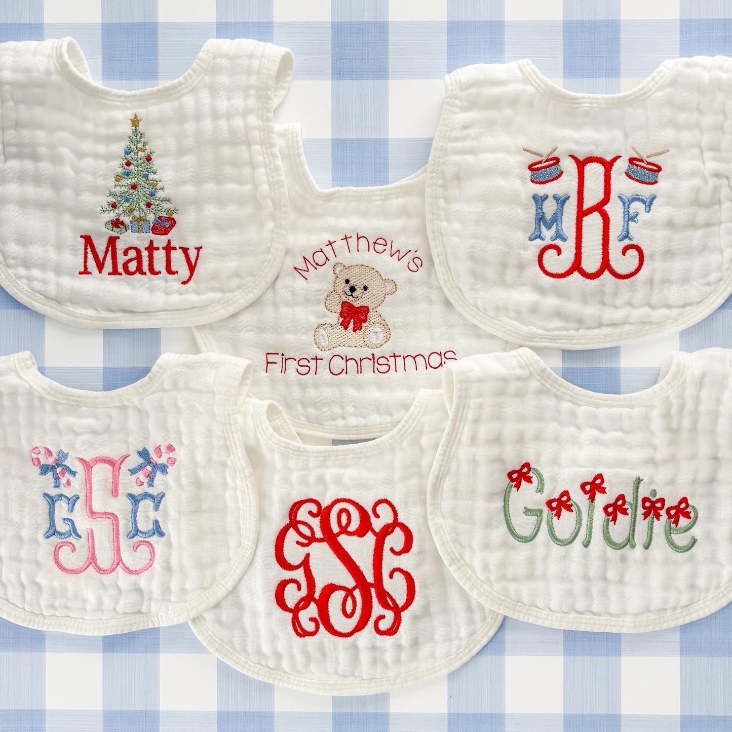 Christmas Custom Embroidered Muslin Burp Cloths & Bibs Newborn Baby Girl and Boy | First Christmas | Monogram and Name Personalization