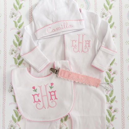 Newborn Girl Coming Home Outfit, Custom Embroidered Monogram with Flowers Sleeper, Hat & Bib, Pink Picot Trim, Baby Girl Gift