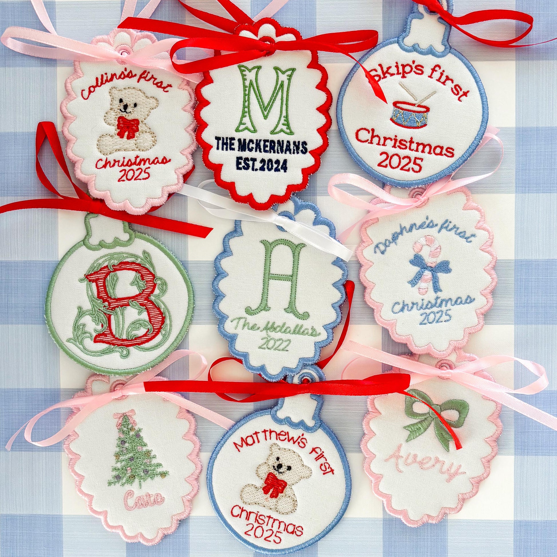 Custom Embroidered Christmas Ornament with Monogram, Baby's First Christmas, Wedding/Family est. Date