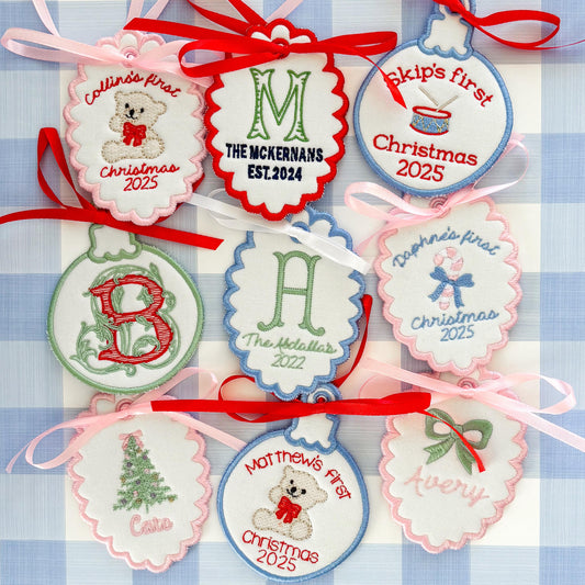 Custom Embroidered Christmas Ornament with Monogram, Baby's First Christmas, Wedding/Family est. Date