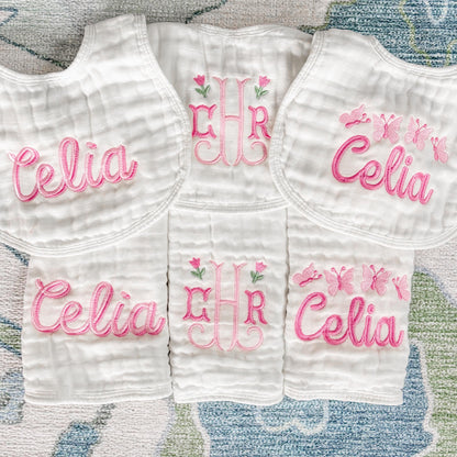 Custom Embroidered Muslin Baby Girl Burp Cloths and Bibs, Monogrammed Newborn Gift, Applique, Pink Bows and Floral Designs