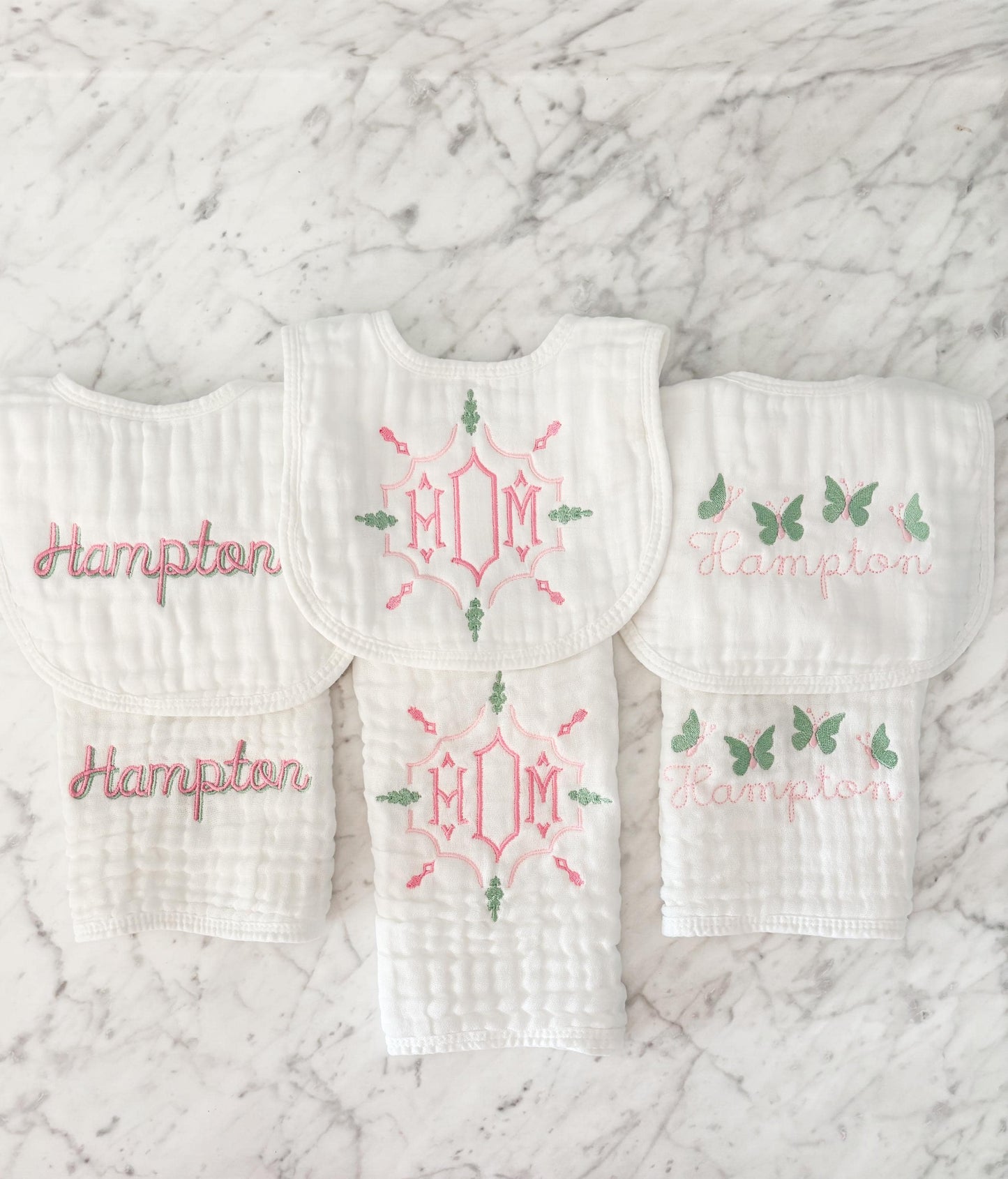 Custom Embroidered Baby Girl Muslin Bibs and Burp Cloths, Monogrammed Newborn Gift, Pink Bows and Floral Designs