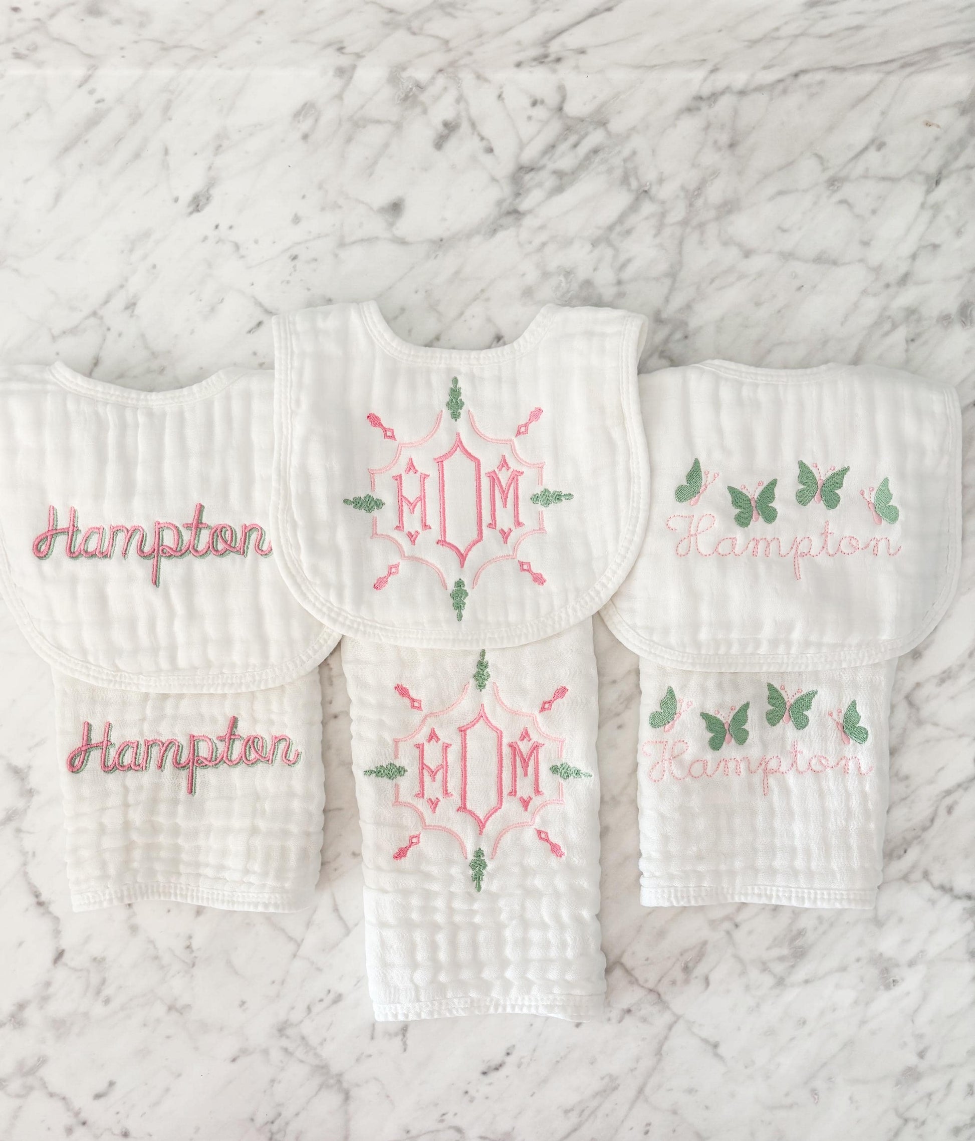 Custom Embroidered Baby Girl Muslin Bibs and Burp Cloths, Monogrammed Newborn Gift, Pink Bows and Floral Designs
