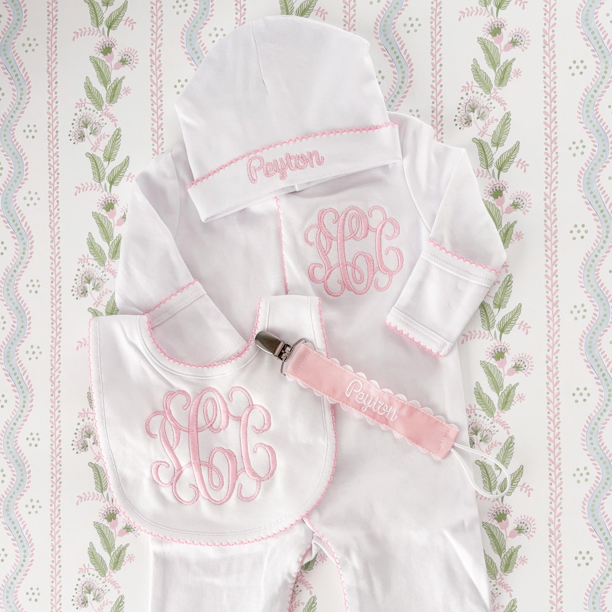 Newborn Girl Coming Home Outfit, Custom Embroidered Classic Vine Monogram Sleeper, Hat & Bib, Pink Picot Trim, Baby Girl Gift