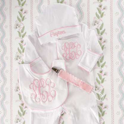 Newborn Girl Coming Home Outfit, Custom Embroidered Classic Vine Monogram Sleeper, Hat & Bib, Pink Picot Trim, Baby Girl Gift