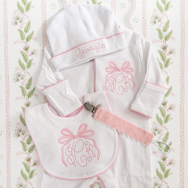 Newborn Girl Coming Home Outfit, Custom Embroidered Bow Frame Monogram Sleeper, Hat & Bib, Pink Picot Trim, Baby Girl Gift