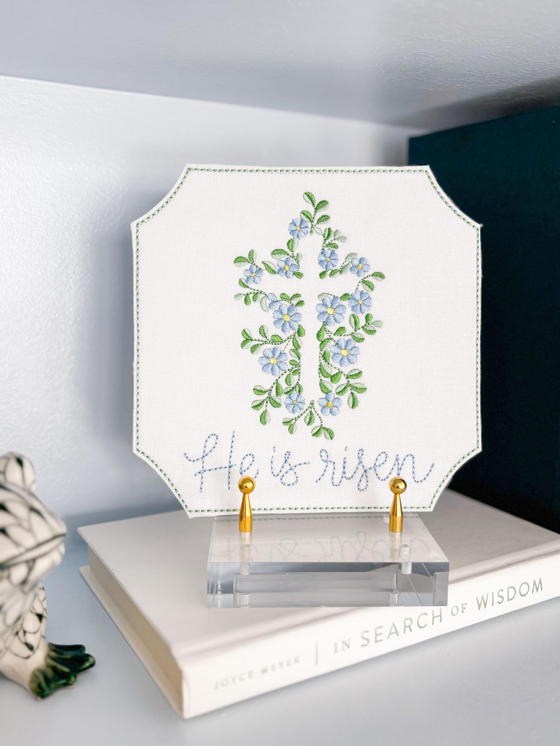 Easter Embroidered Floral Cross Plaque Sign Decor | He Is Risen