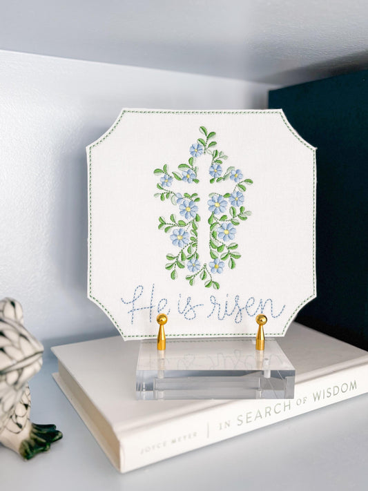 Easter Embroidered Floral Cross Plaque Sign Decor | He Is Risen