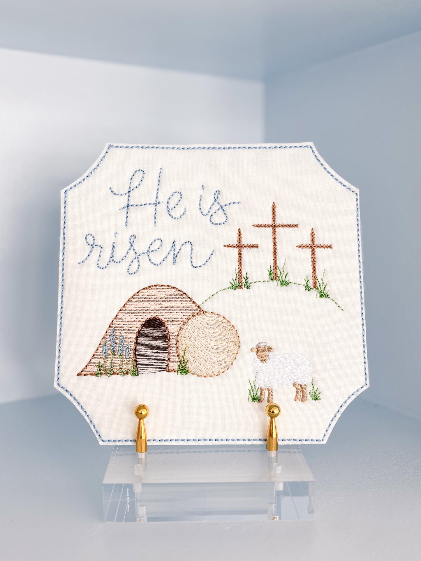 Easter Embroidered Empty Tomb with Lamb and Crosses Plaque Sign Decor | He Is Risen