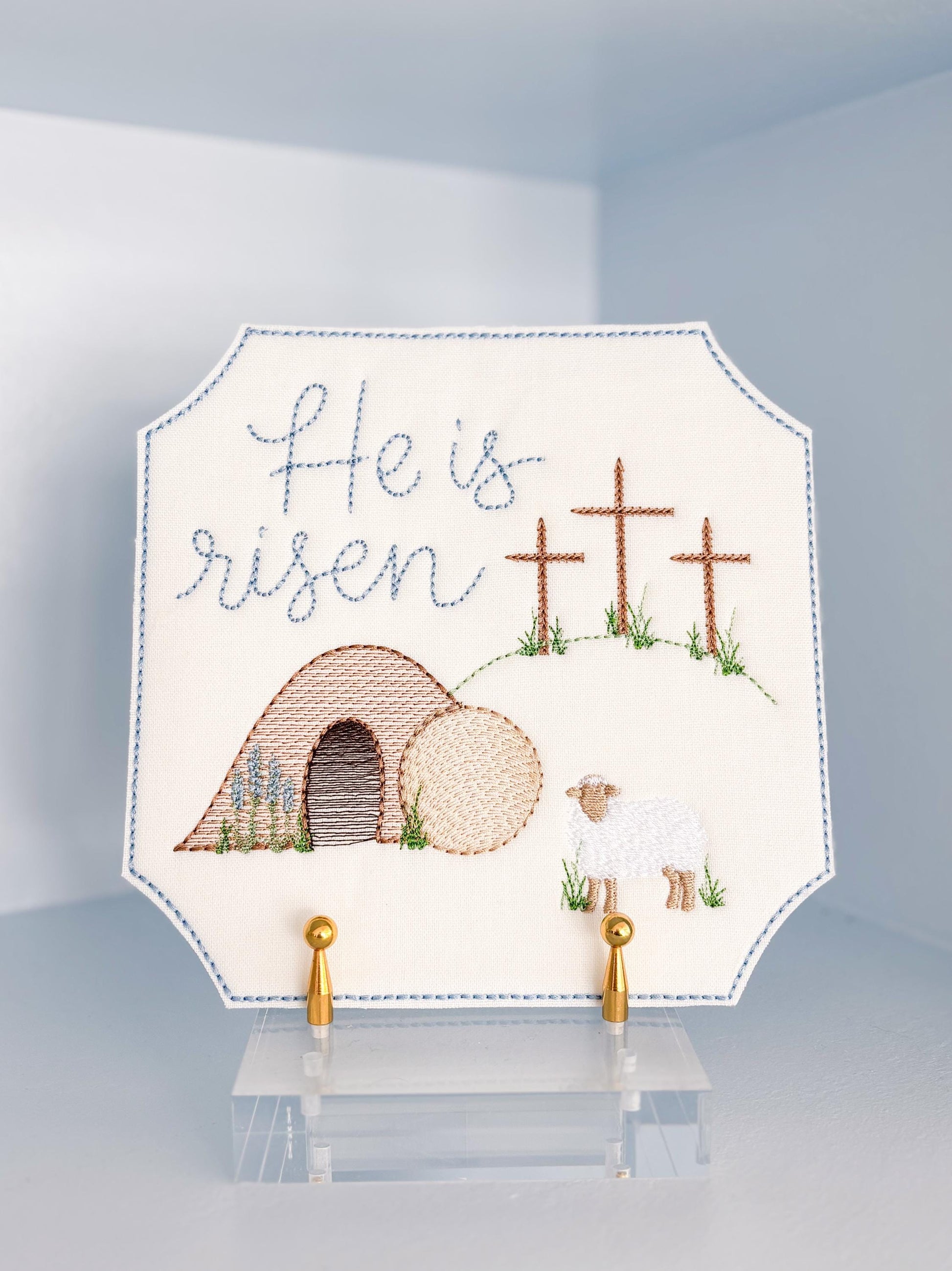 Easter Embroidered Empty Tomb with Lamb and Crosses Plaque Sign Decor | He Is Risen