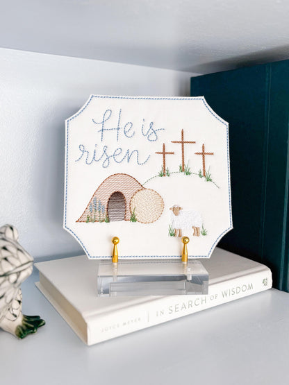 Easter Embroidered Empty Tomb with Lamb and Crosses Plaque Sign Decor | He Is Risen