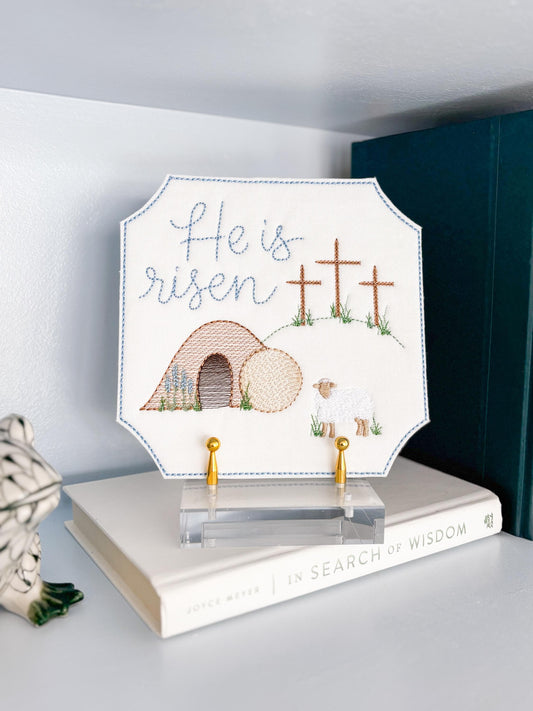 Easter Embroidered Empty Tomb with Lamb and Crosses Plaque Sign Decor | He Is Risen
