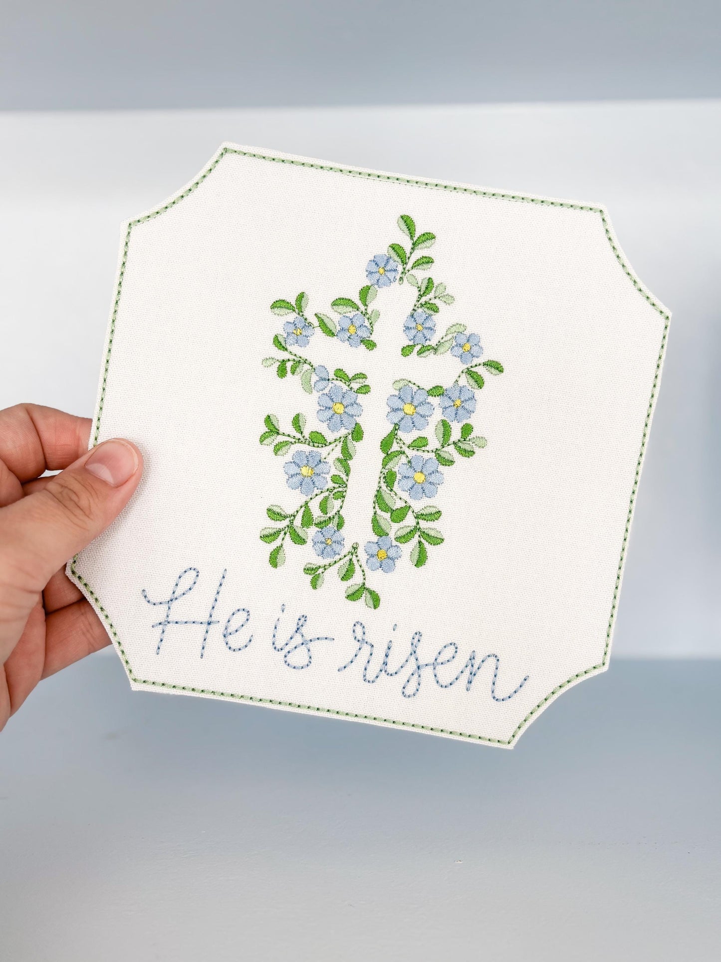 Easter Embroidered Floral Cross Plaque Sign Decor | He Is Risen