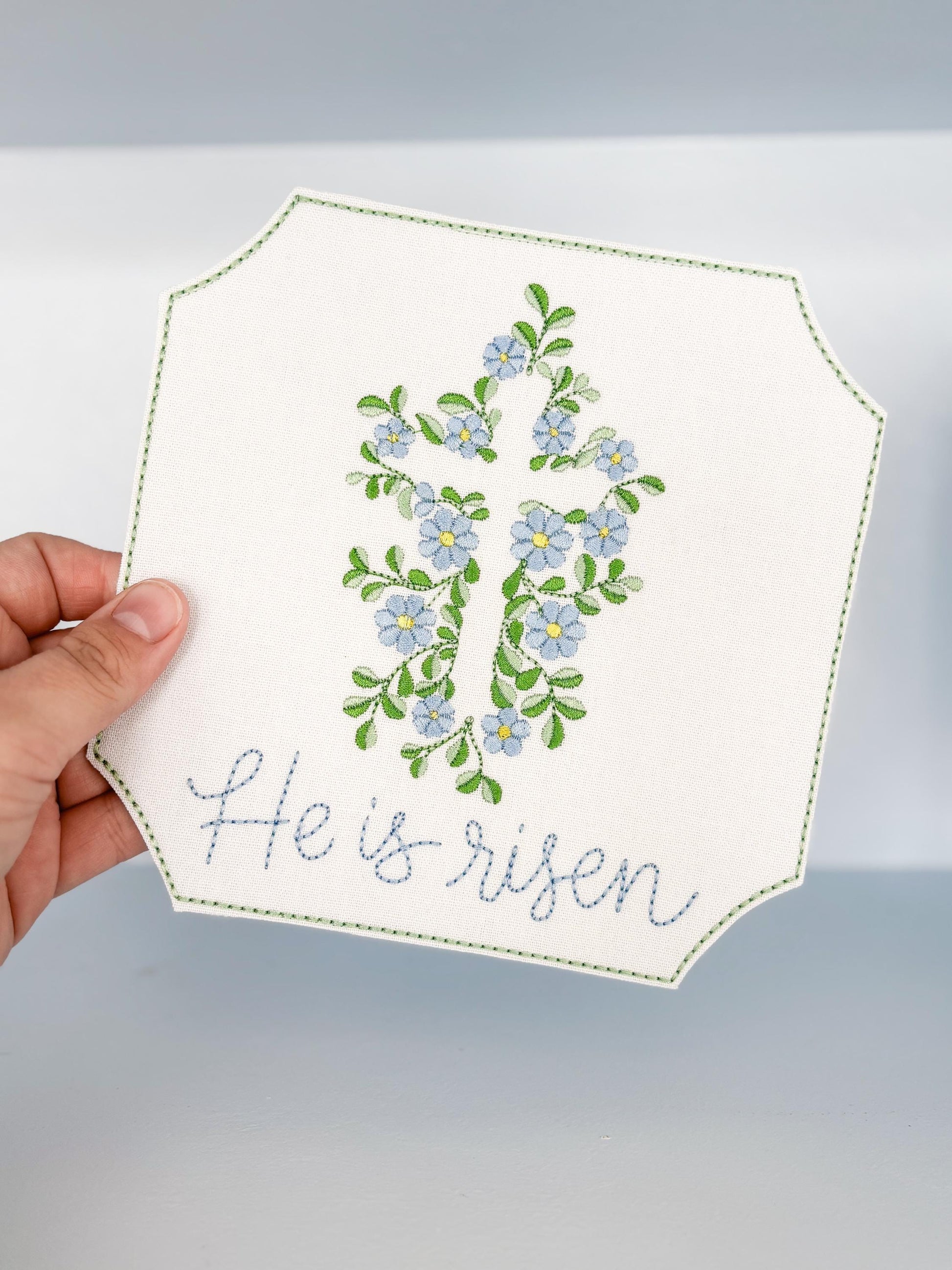 Easter Embroidered Floral Cross Plaque Sign Decor | He Is Risen
