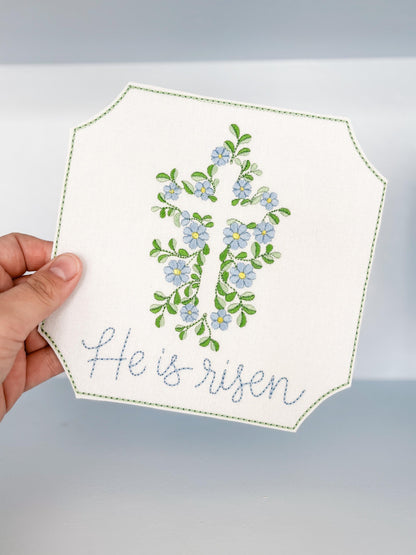 Easter Embroidered Floral Cross Plaque Sign Decor | He Is Risen