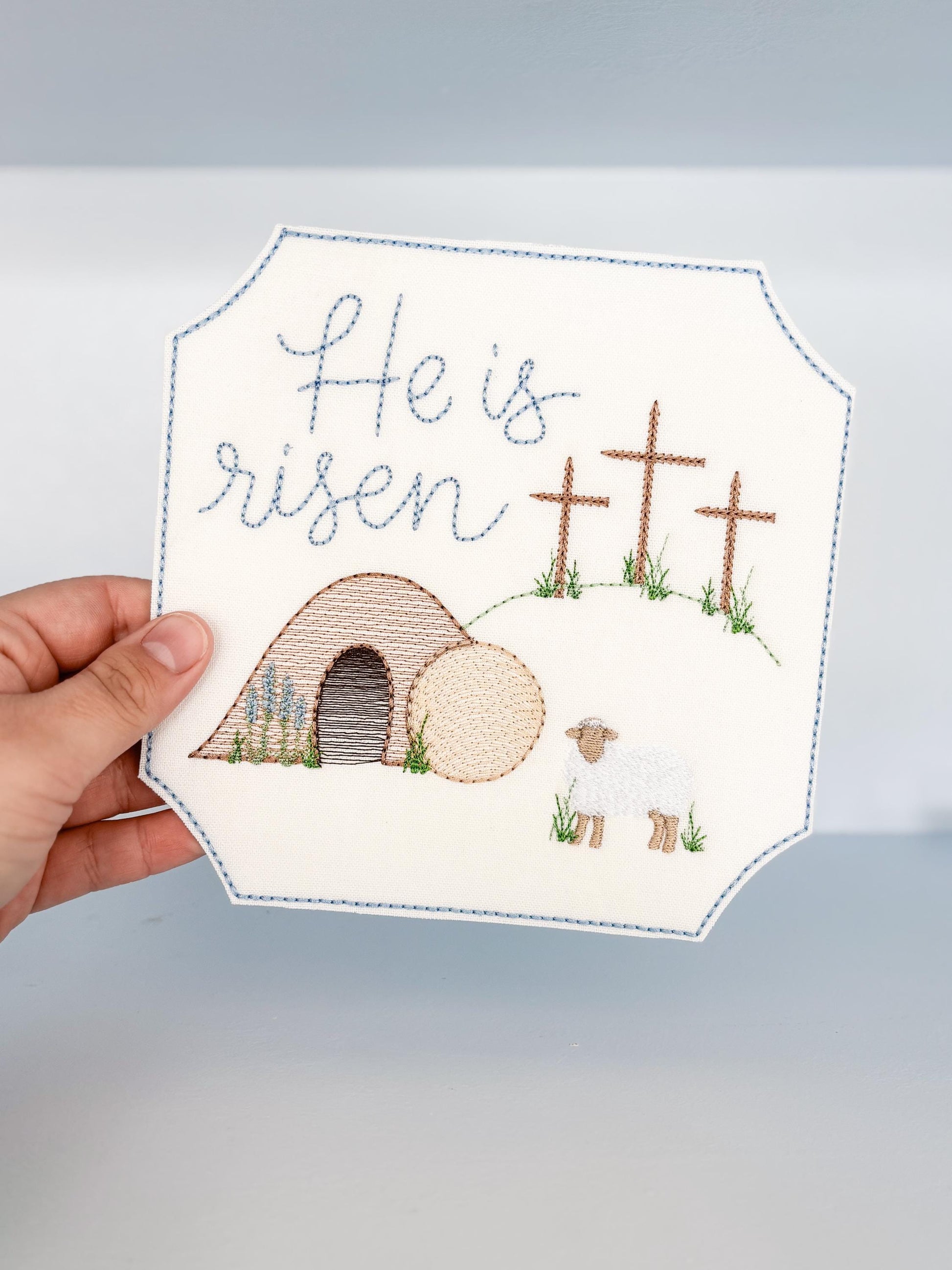 Easter Embroidered Empty Tomb with Lamb and Crosses Plaque Sign Decor | He Is Risen