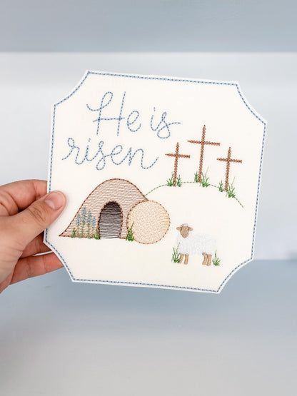 Easter Embroidered Empty Tomb with Lamb and Crosses Plaque Sign Decor | He Is Risen